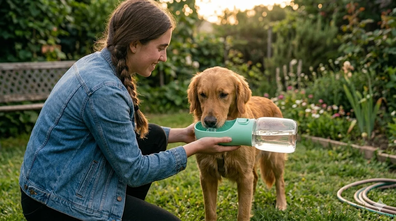 Botella de paseo dando de beber a un perro durante el paseo