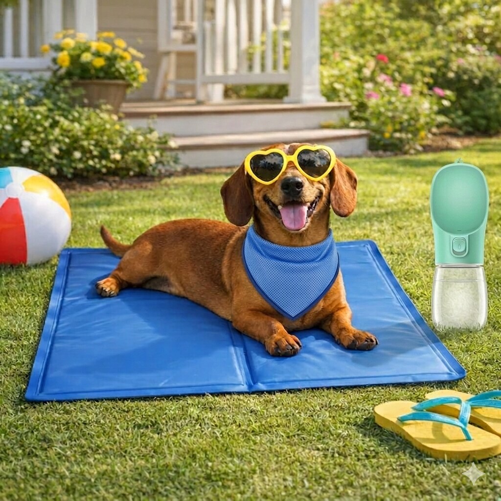Kit Verano completo: perro sobre la alfombrilla de gel con la bandana azul y la botella de paseo